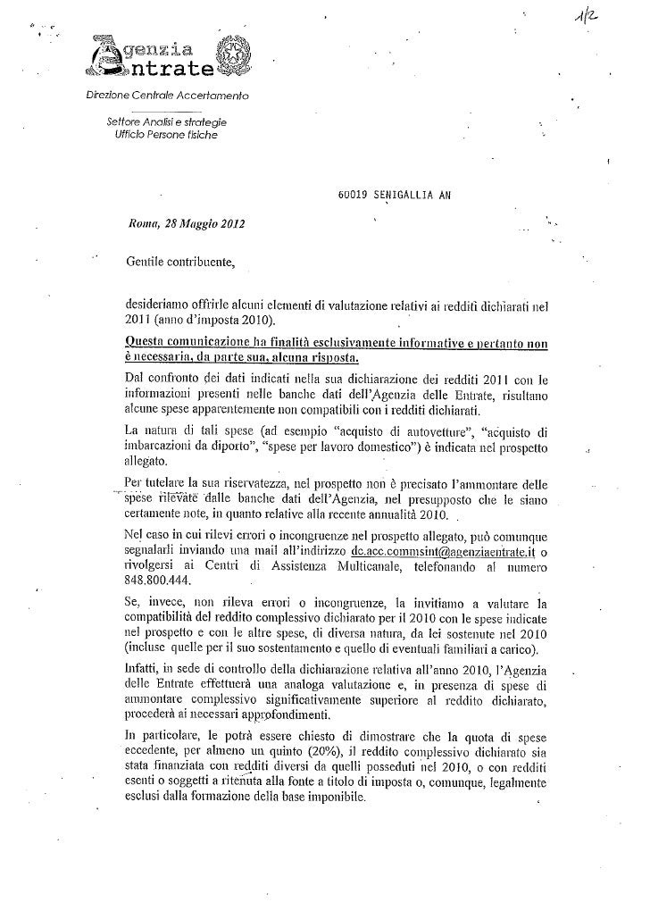 Lettera agenzia entrate 05.12