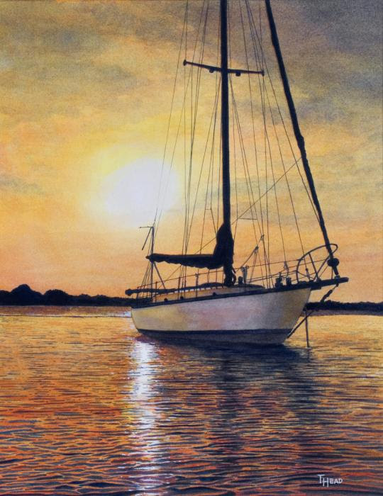 sunrise paintings, sailboat paintings, watercolor paintings, sunset 