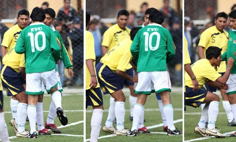 Bolivian president, Evo Morales, knees an opposition player in the groin during a football match
