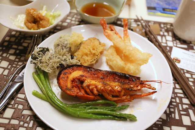 Lobster mentaiko, tempura and chicken nanban (upper left dish)