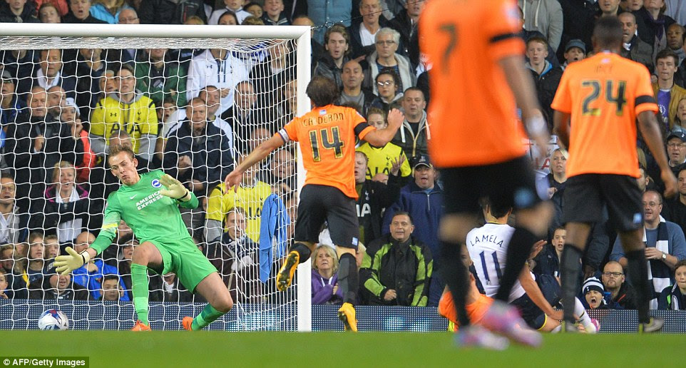 Lamela's effort squirms beyond Brighton goalkeeper Christian Walton (left) to give Spurs the advantage in the second half