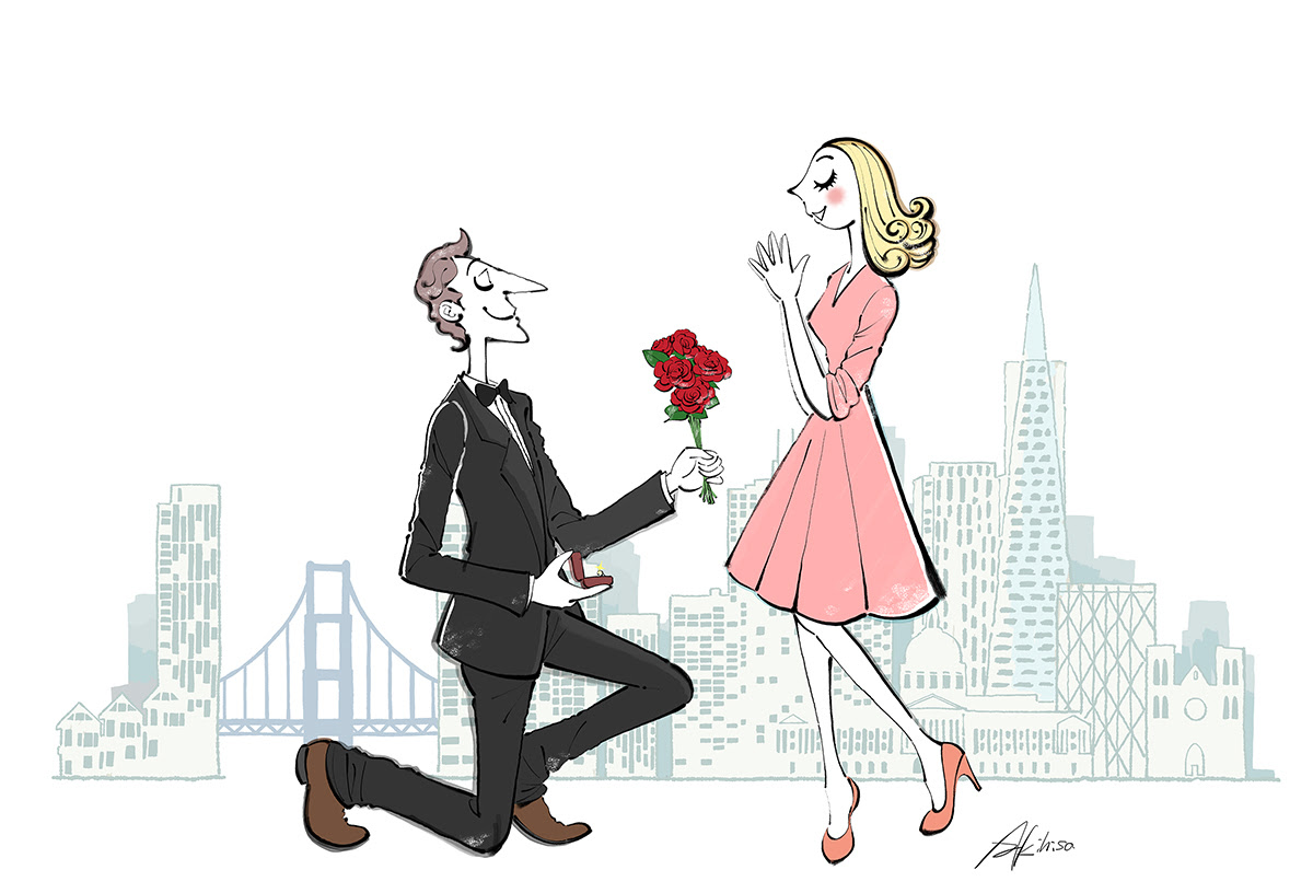 バラの花束と指輪を渡し愛を告白する男性 イラストショートムービーを作成しました イラストレーターakihisasawadaイラスト デザイン室