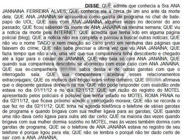 Trecho do depoimento que o advogado Tiago Mafra Sinedino prestou à polícia