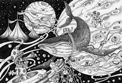 製図用黒インクで描いたペン画イラスト 点描 線描他