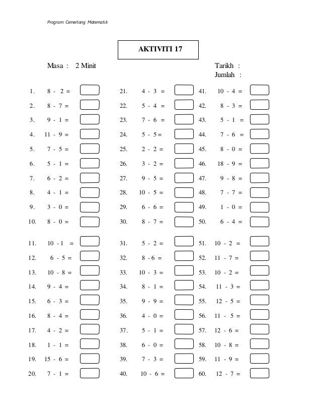 Latihan Matematik Tahun 1 Tambah Dan Tolak Soalan Latihan Matematik