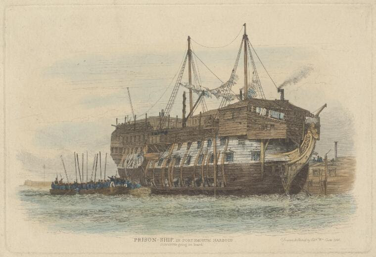 Cooke, Edward William, 1811-1880. Prison-ship in Portsmouth Harbour, convicts going aboard [picture]