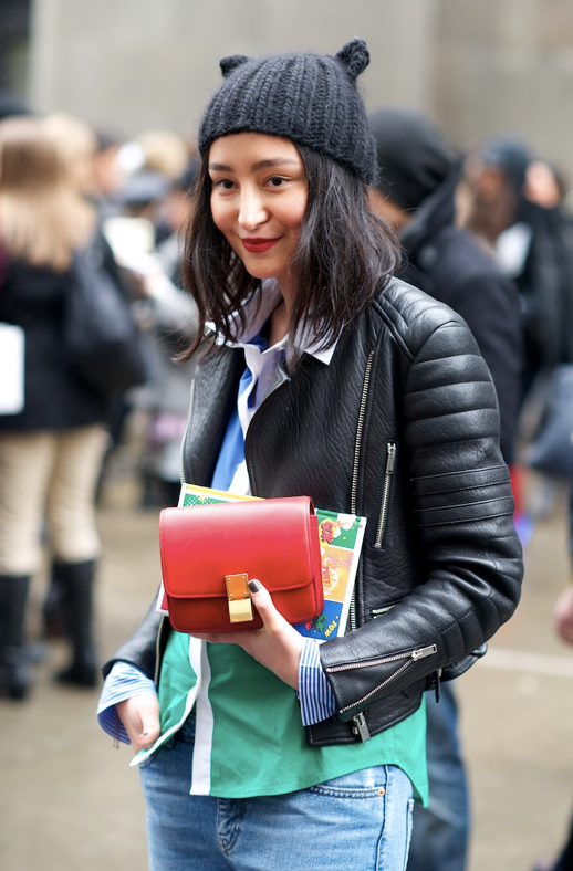 LE FASHION BLOG CAT EAR HATS STREET STYLE FASHION WEEK FASHION MONTH EUGENIA KIM FELIX CAT KNIT BEANIE RED LIPS BEAUTY SHORT HAIR CELINE LEATHER JACKET COLOR BLOCK SHIRT DENIM JEANS SMALL RED CELINE BOX BAG KAREN BLANCHARD WHERE DID U GET THAT