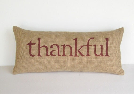 burlap thankful pillow, inspirational decorative pillow, holiday decor, rustic, woodland, Thanksgiving home decor, READY TO SHIP