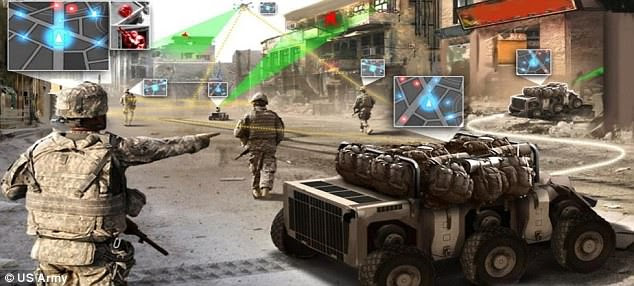 According to the strategy, the Army envisions that, by 2025, ground troops will conduct foot patrols in with robots called 'squad multipurpose equipment transport vehicles' that carry rucksacks and other equipment. Overhead, unmanned aircraft will serve as spotters to warn troops of nearby enemy forces.