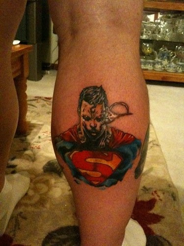 Newest photo →; Superman finished calf tattoo 