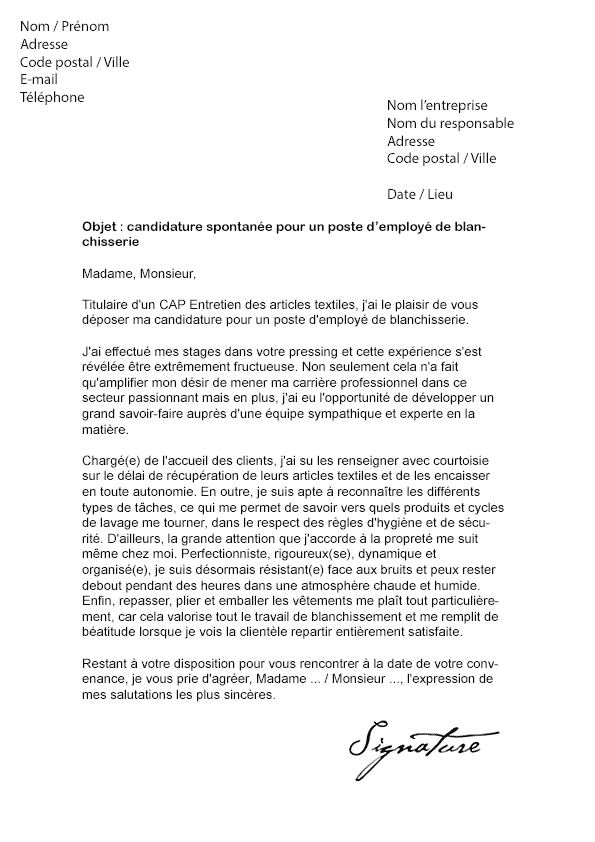 Lettre de motivation Employé de Blanchisserie - Modèle de 