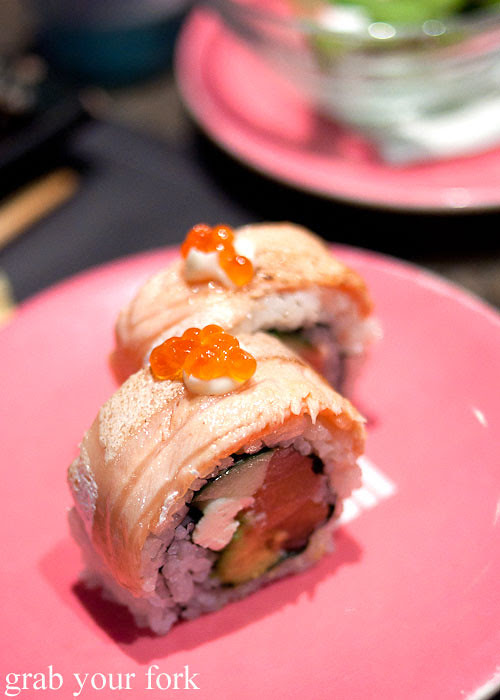 Aburi salmon inside out roll at Umi Kaiten-Zushi