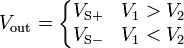  V_\mathrm{out} = \left\{\begin{matrix} V_\mathrm{S+} & V_1 > V_2 \\ V_\mathrm{S-} & V_1 < V_2 \end{matrix}\right. 