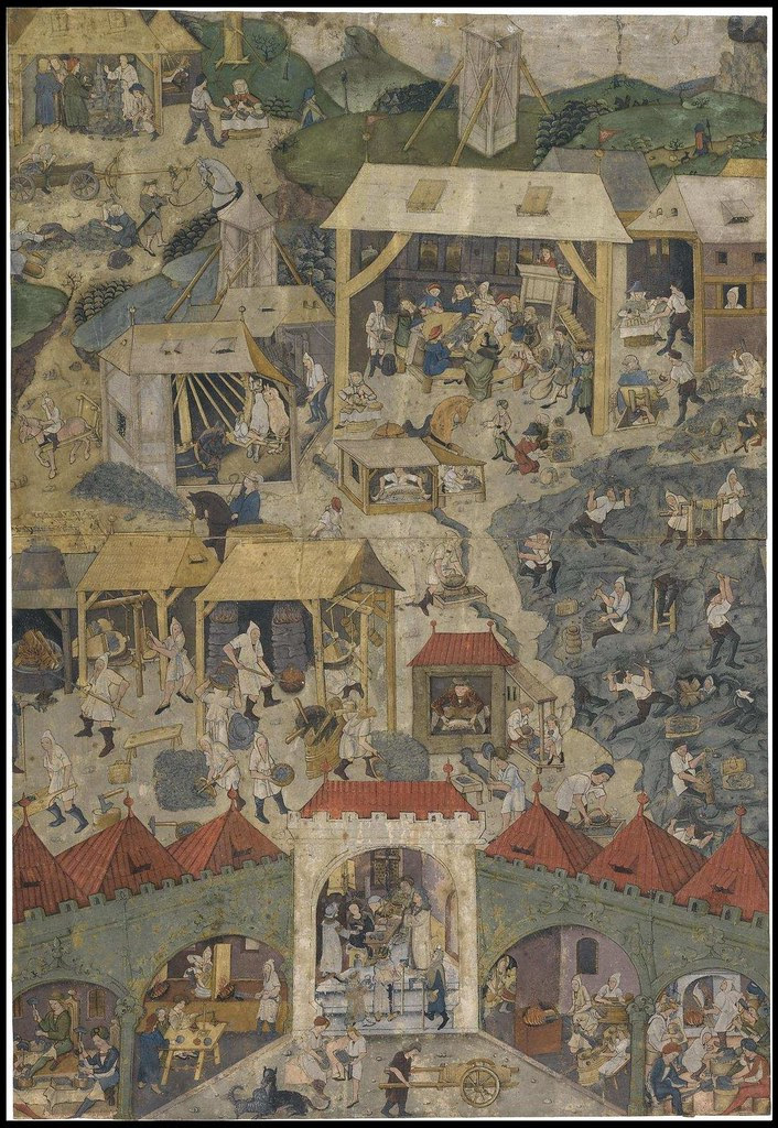 Silver mining in Bohemia, 1490 illuminated manuscript