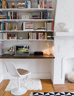 Awkward Alcove Solution: Add floating shelves (and a desk!) | More ideas at Remodelaholic.com | Image Source: elledecor.com