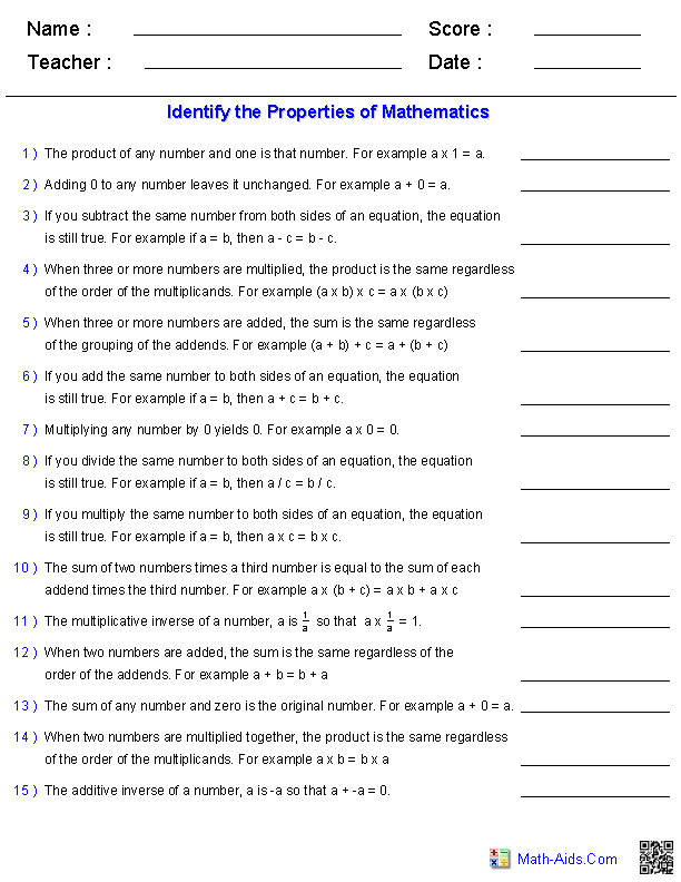 Properties Worksheets | Properties of Mathematics Worksheets