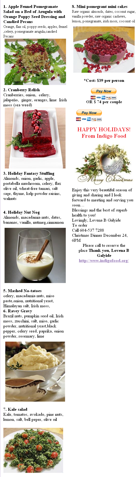 Indigo Christmas Menu 2011 items