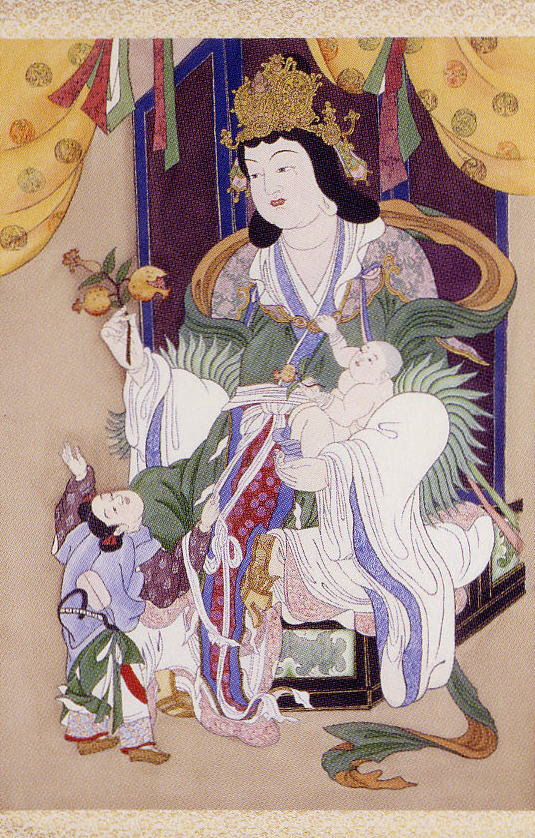 鬼子母神 色彩絵 軸 １００ ５３ 釈尊は 子どもをとられた母の気持ちがどのようなものか解っただろう 今後子どもを食べたくなった時は この実を食べるがいい と言ってザクロを渡したという 最近では女性ホルモンのエストロゲンを多く含む