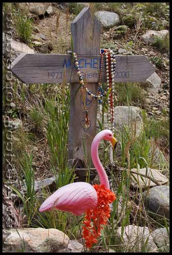descanso with a flamingo, lei, and mardi gras beads