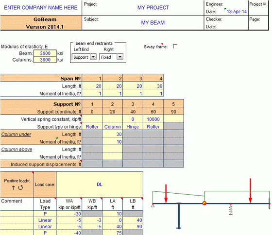 Continuous Beam Analysis for Excel