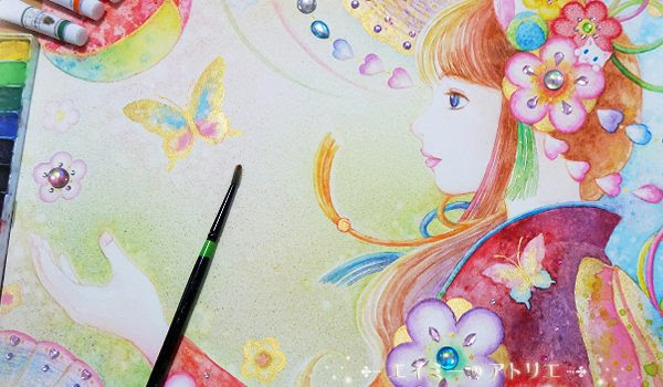 水彩絵の具の技法を使って 和装のエイミーのイラスト を描きました エイミーのアトリエ