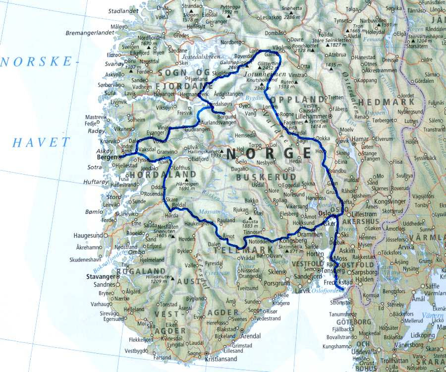 Sydnorge Kort Finn's tog og rejseside : Rejser : Norge : Norge 2002 Sydnorge Kort