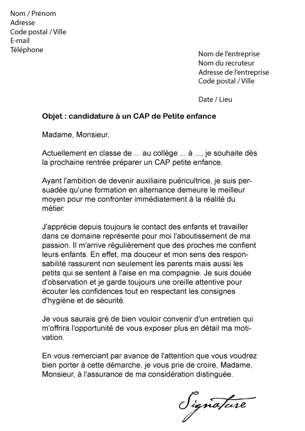 Lettre de motivation CAP Petite enfance - Modèle de Lettre