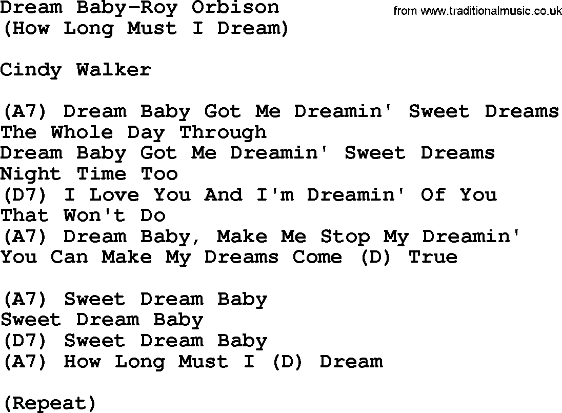 Country Music Dream Baby Roy Orbison Lyrics And Chords