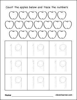 number 19 writing counting and identification printable worksheets for children