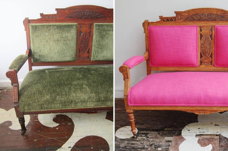 Before & after. Chairloom took an antique Eastlake settee, reupholstered in our Gig Harbor in Fuschia. This lovely piece will be going to a little girl's room. It was passed down through three generations -- from grandparents to granddaughter!