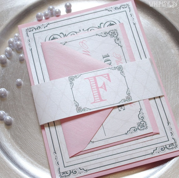 Pink Wedding Invitations - Wedding Suite with Belly Band, Pink and Gray Wedding Invitation