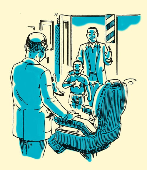 dad taking son to barbershop illustration 