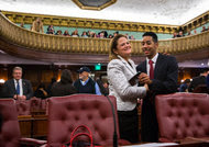 Melissa Mark-Viverito with Antonio Reynoso at City Hall before the meeting started on Wednesday.
