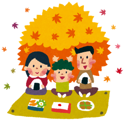 無料素材 紅葉狩りでお弁当を食べながらピクニックする家族のイラスト素材