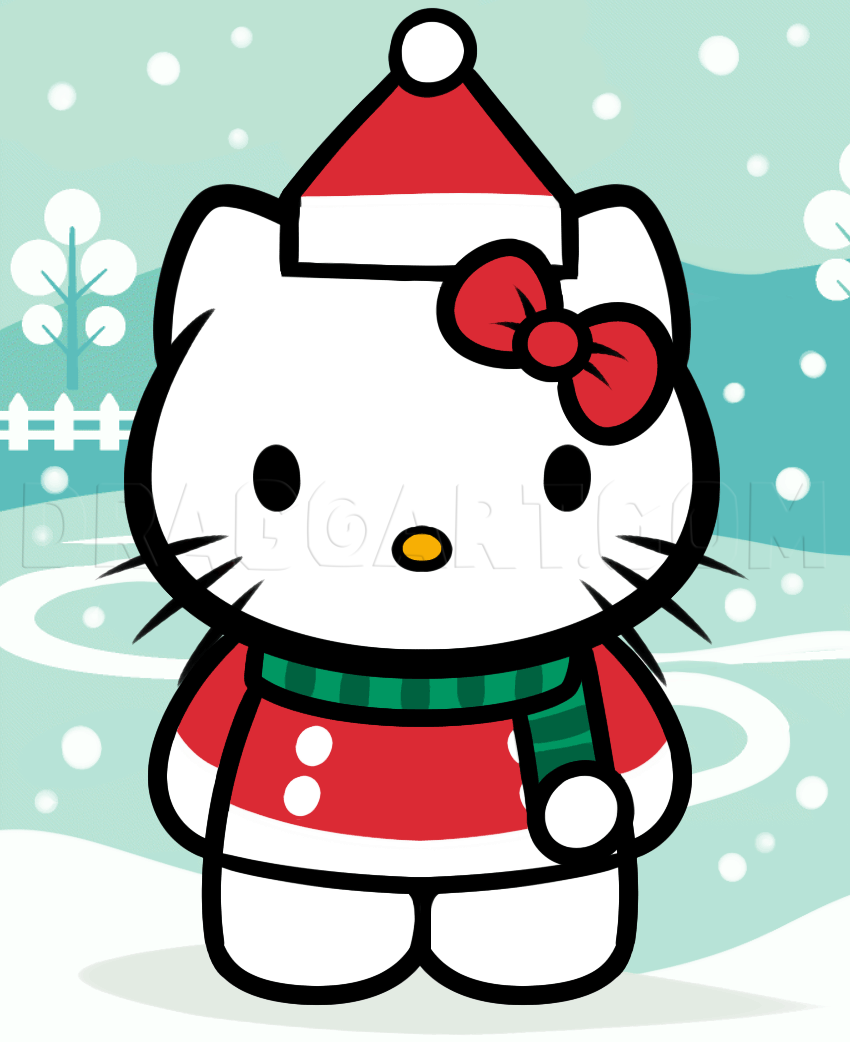 How to Draw Christmas Hello Kitty, Step by Step, Christmas Stuff 