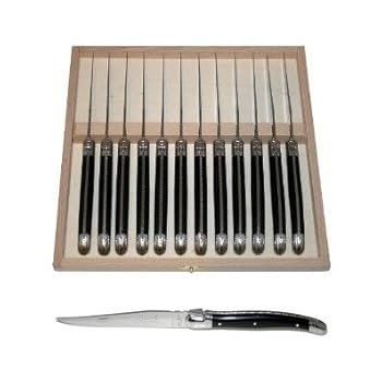 LAGUIOLE® - 12 couteaux STEAK - couleur NOIR - en acier 25/10 inoxydable - lame lisse + 2.5 mm d'épaisseur ! (ensemble Laguiole Jean Dubost de table authentique & original - avec CERTIFICAT D'AUTHENTICITÉ ! - en coffret en bois fermant - garantie lave-vaisselle - fabriqué en FRANCE)