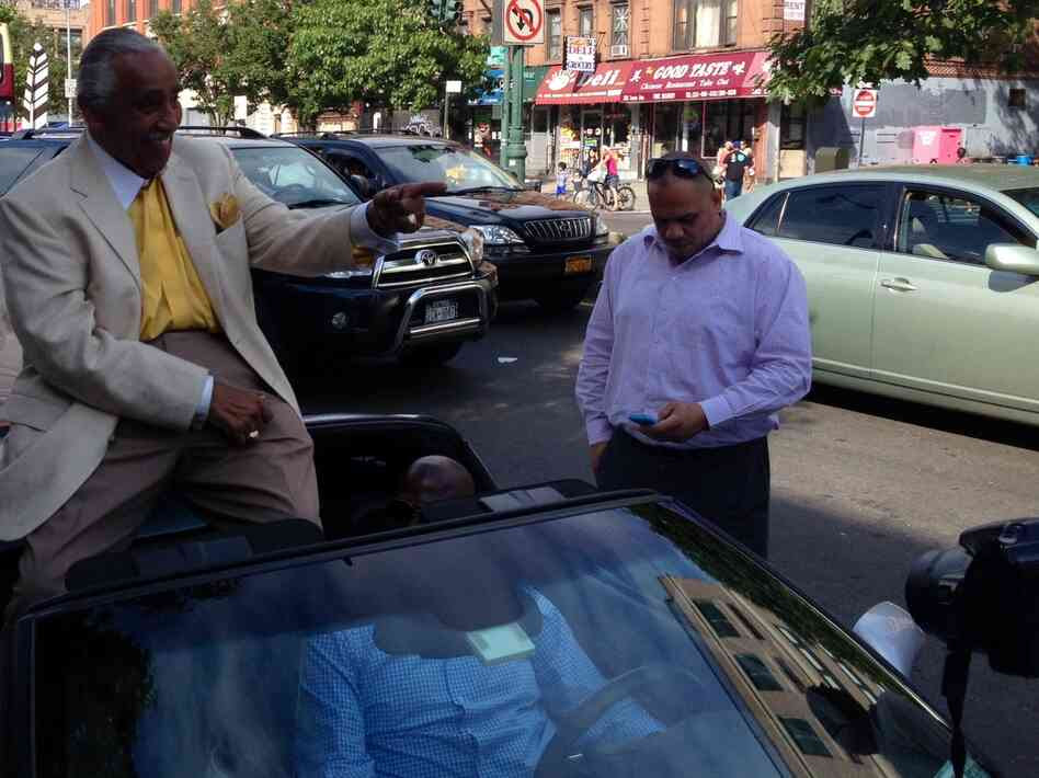 Rep. Charlie Rangel leaves a campaign event in Harlem in a silver Corvette convertible.