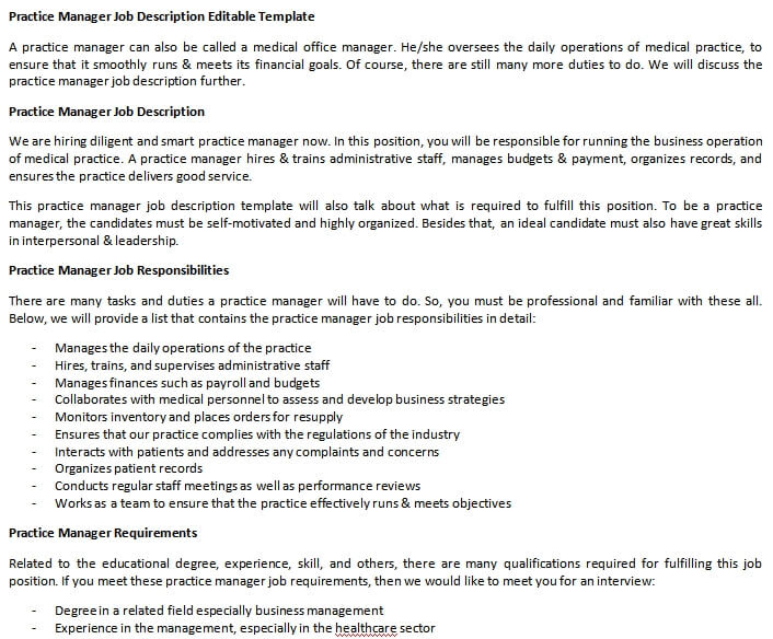 Practice Manager Job Description Editable Template | room ...