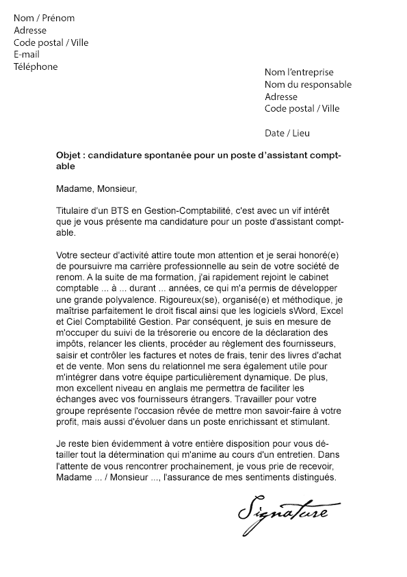 modele lettre de motivation assistant comptable
