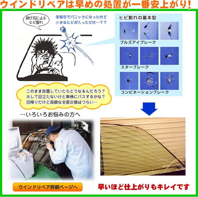 フロントガラスの修理 交換はウインドリペア モリサワへ キズ ひび割れ 飛び石傷など修理いたします 姫路 たつの 太子 赤穂 高砂市 加古川市