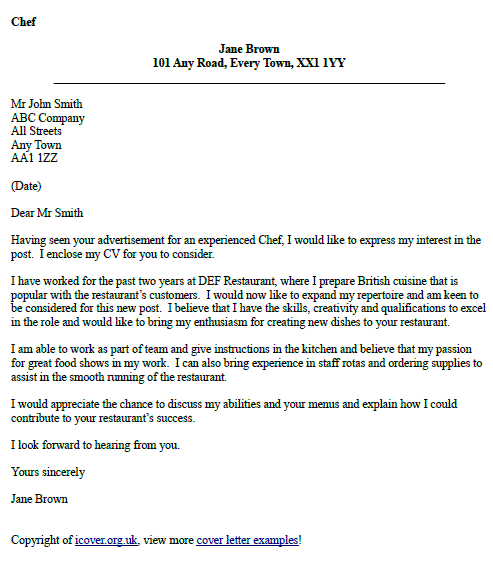 Chef Cover Letter Example - icover.org.uk