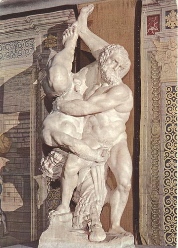 Hercules And Diomedes sculpture by Vincenzo de Rossi, 1550 Diomedes grabs Herc's junk!