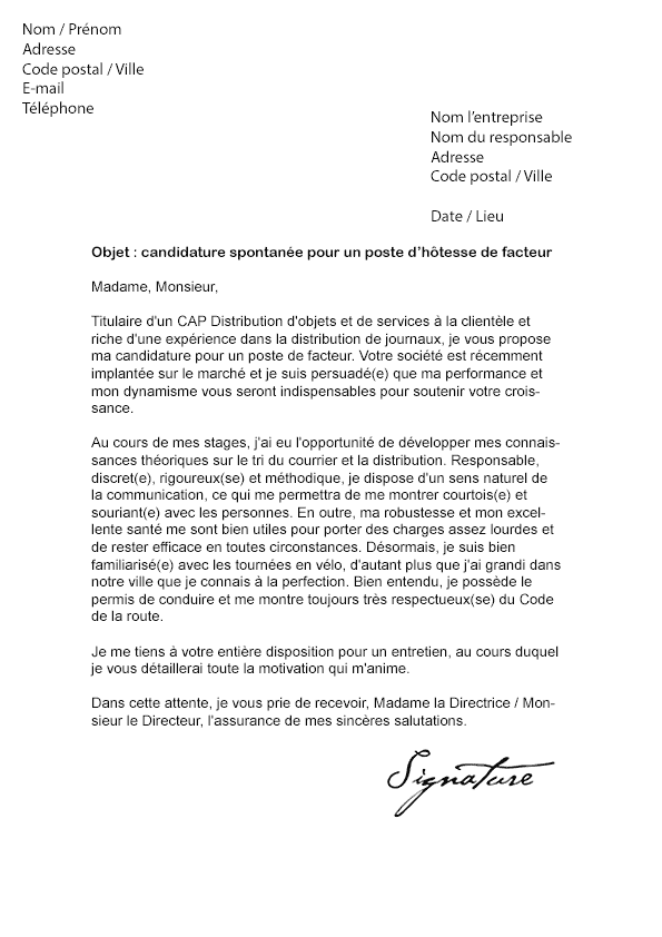 Lettre de motivation Facteur (La Poste) - Modèle de Lettre