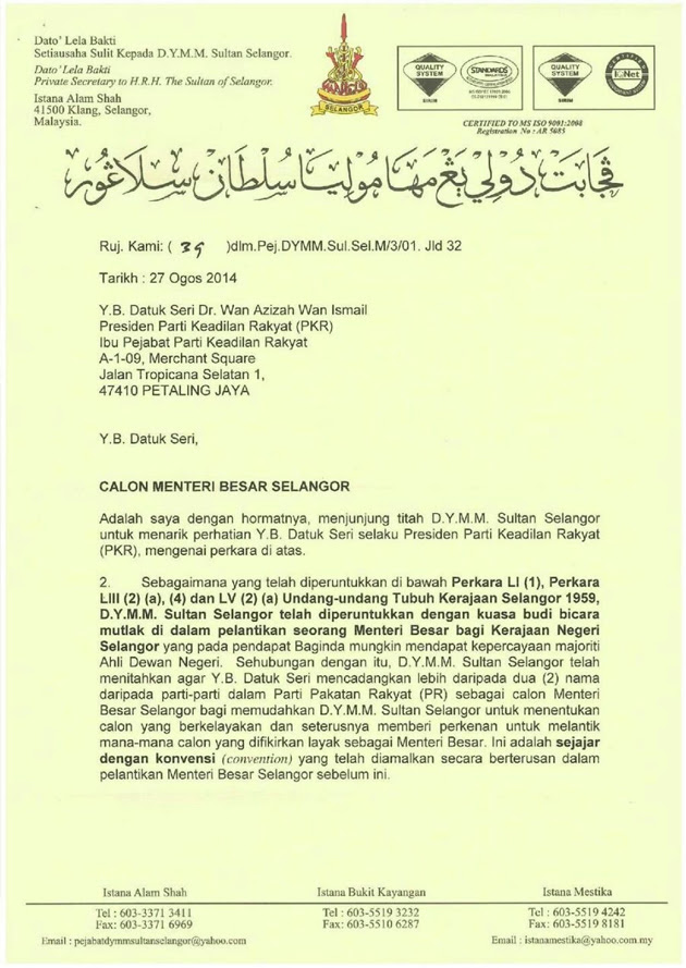 Contoh Surat Kepada Menteri Besar Selangor