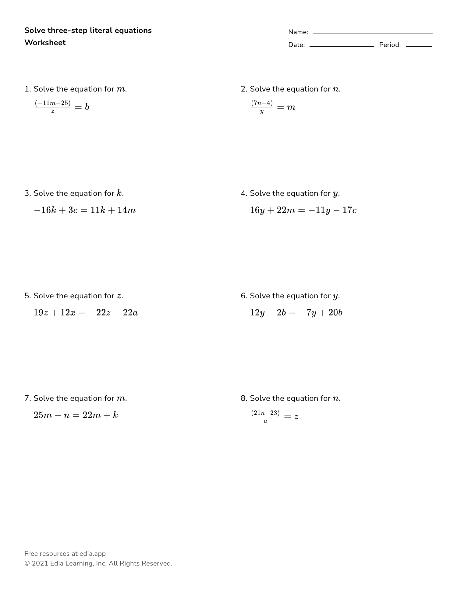Solve Three-step Literal Equations - Worksheet