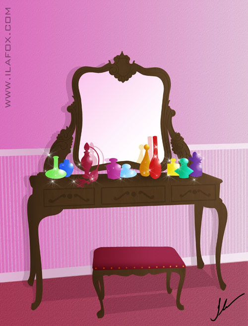Penteadeira com espelho e perfumes ilustração by ila fox