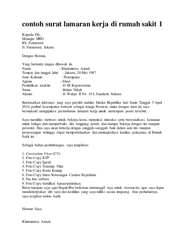 Contoh Surat Lamaran Kerja Untuk Bekerja Di Rumah Sakit