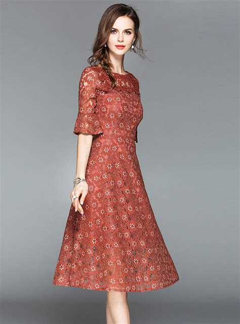 solid color flare sleeve   lace midi dress fancylooks