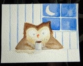 Works the Night Shift - owl with coffee watercolor, kitchen art, sleepy owl, kitchen, tea, morning, whimsical, small art, blue, face stubble - TerraBlueArt