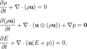 
\begin{align}
&{\partial\rho\over\partial t}+
\nabla\cdot(\rho\bold u)=0\\[1.2ex]
&{\partial(\rho{\bold u})\over\partial t}+
\nabla\cdot(\bold u\otimes(\rho \bold u))+\nabla p=\bold{0}\\[1.2ex]
&{\partial E\over\partial t}+
\nabla\cdot(\bold u(E+p))=0,
\end{align}

